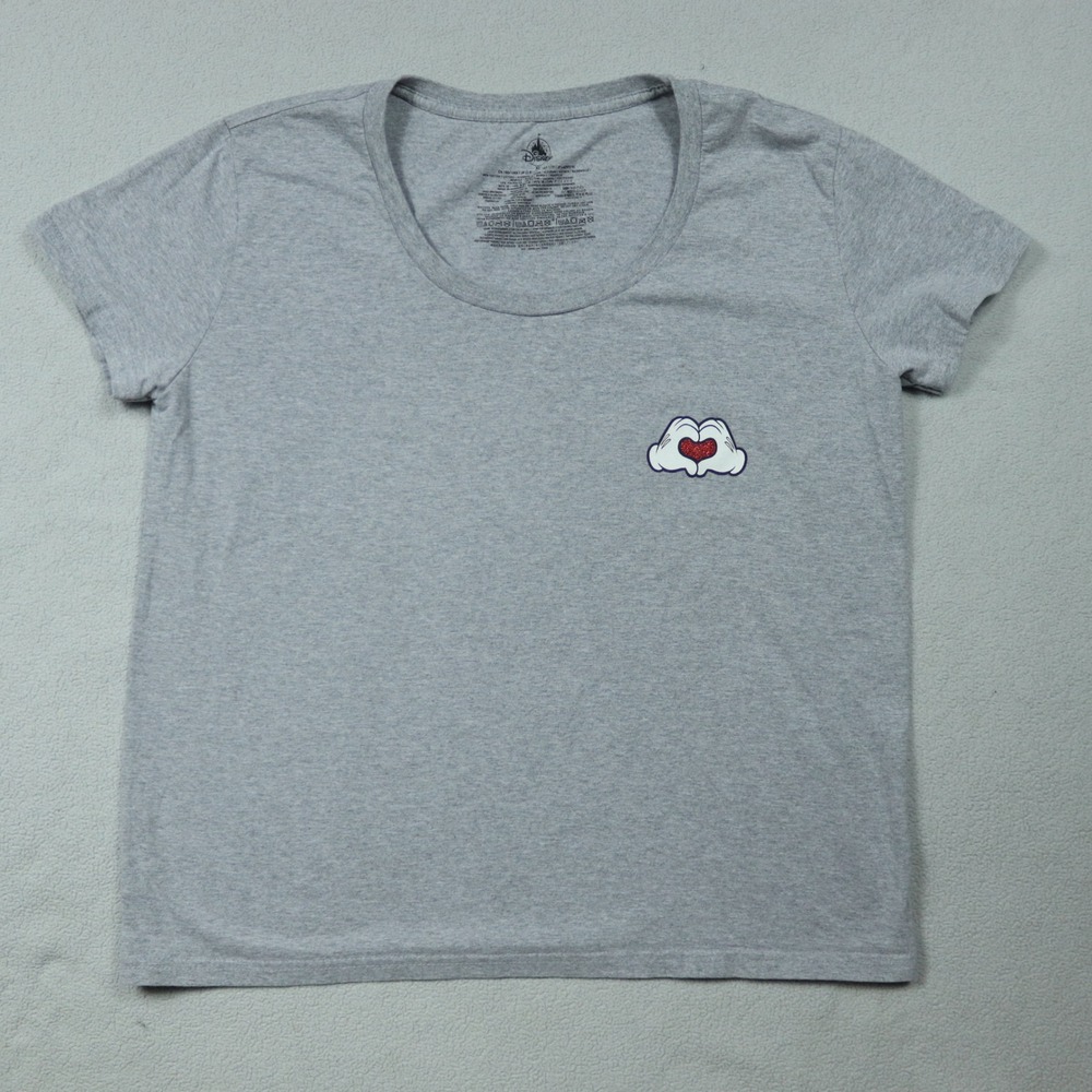Disney Parks Mickey Glitter Heart Hands Women's Shirt Heather Gray Size XL READ‎